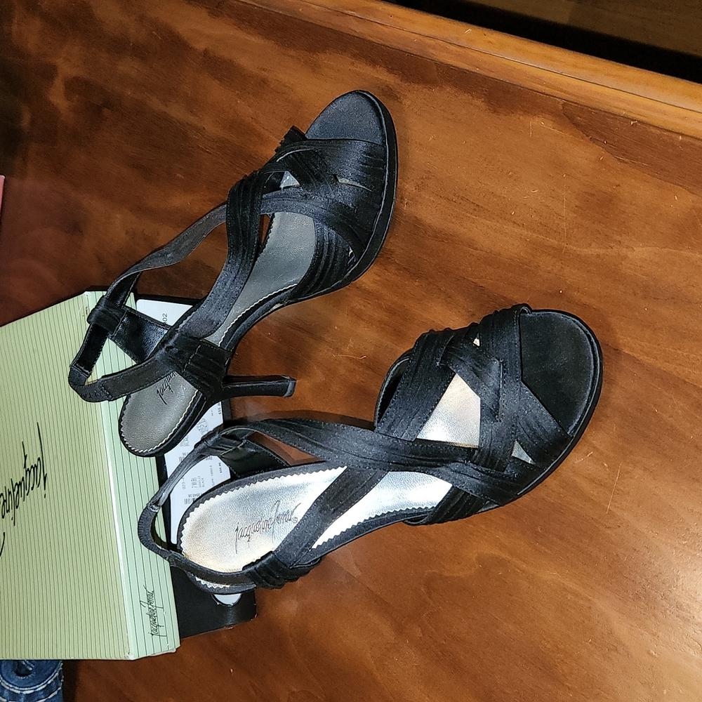 Jacqueline Ferrar Black Satin Strap Heels- Size 7
